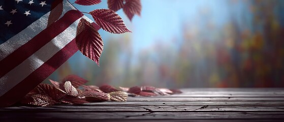 American flag with autumn leaves on rustic wooden table