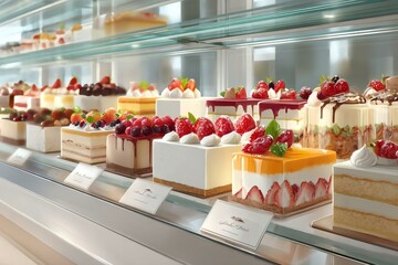 Assorted Delicious Desserts on Display in a Bakery Case