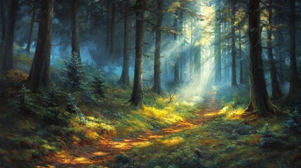 Sunlit Path Through a Mystical Forest