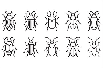 Bold Black Insect Silhouette Icons Featuring Beetles, Flies, and Creeping Bugs for Nature, Biology, and Wildlife-Themed Design Projects