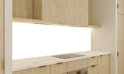 Modern kitchen stove and wooden cabinet with transparent backsplash wall – PNG transparent background – 3D render