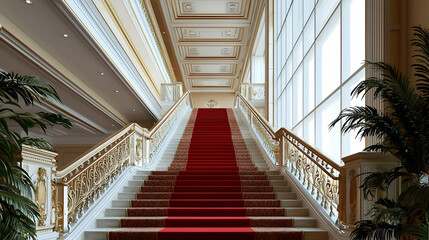 Grand Red Carpet Staircase In A Luxury Hotel