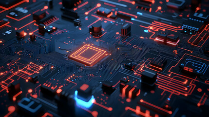 High-Tech Circuit Board Close Up With Glowing Chip