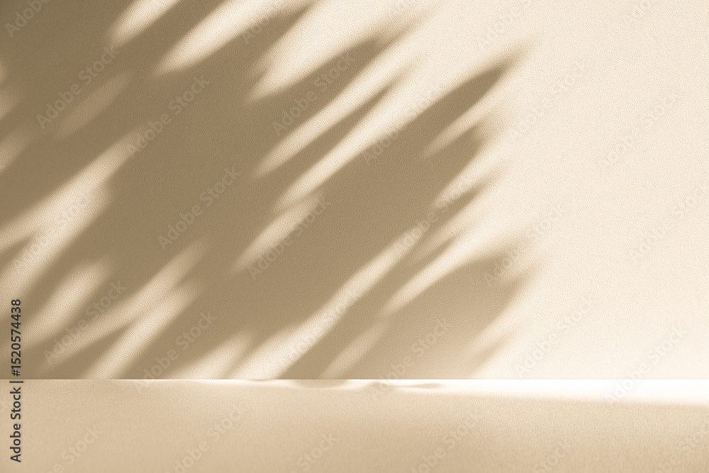 Poster Wall interior background, studio and backdrops show products. with leaf shadow from window color beige and white. background for text insertion and presentation of product	