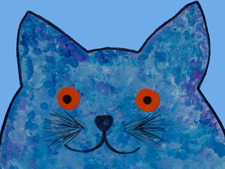 Illustration with a funny cat portrait. Drawing of a fat, blue cat. Funny greeting card with a pet