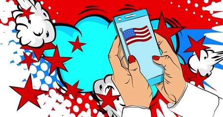 Cartoon Smartphone, comic book Telephone with American Flag. Retro animation, comics pop art video.