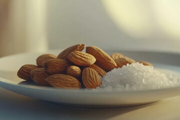 Almonds on Plate with Coarse Sea Salt in Natural Light Setting