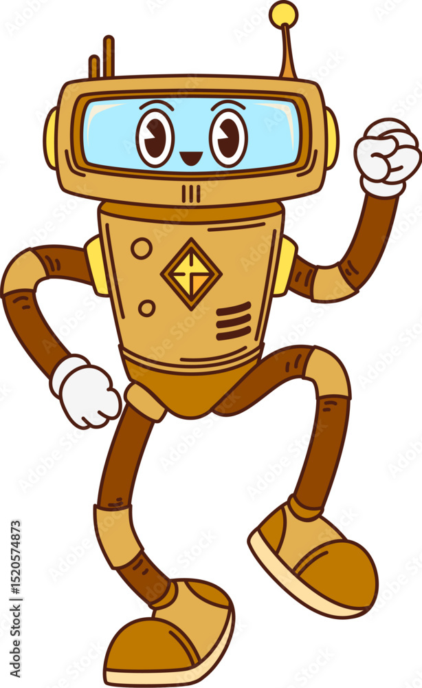 Poster cartoon groovy robot character with yellow body, square smiling face. vector funny droid with antenn
