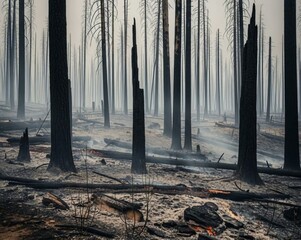 Aftermath of Forest Fire Showing Charred Trees and Smoky Atmosphere