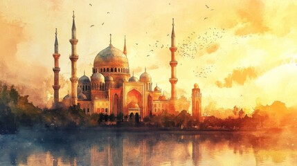 Golden Mosque at Sunset Watercolor Painting