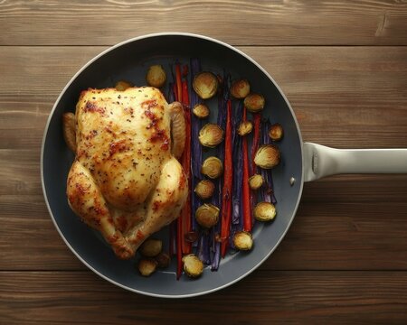 Roasted chicken with vegetables in pan