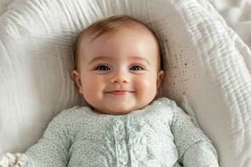 Adorable Baby with Bright Smile and Soft Blanket Background