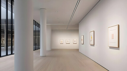 Empty Modern Gallery Corridor With Abstract Paintings