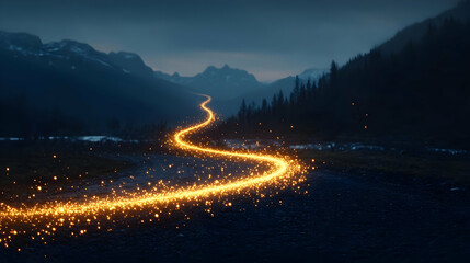 Glowing Path Through Mountain Valley At Night