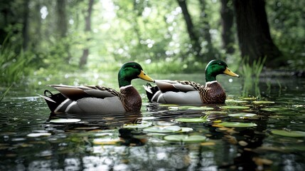 Obraz premium Mallard Ducks Serenely Swimming in a Lush Green Forest Pond