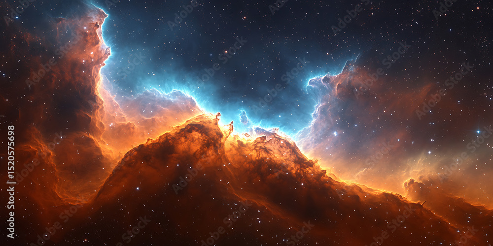 Poster cosmic landscape of the universe featuring vibrant nebula clouds and sparkling stars creating an abs
