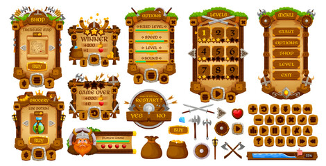 Vikings game interface asset. Vintage medieval GUI elements and buttons, vector UI. Cartoon viking weapon, helmets, shields and swords wood sign board frames, game interface menu panels, war ship bars © Vector Tradition