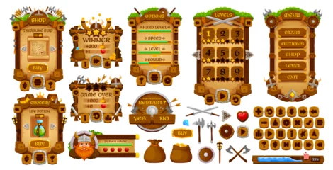 Gordijnen Vikings game interface asset. Vintage medieval GUI elements and buttons, vector UI. Cartoon viking weapon, helmets, shields and swords wood sign board frames, game interface menu panels, war ship bars © Vector Tradition