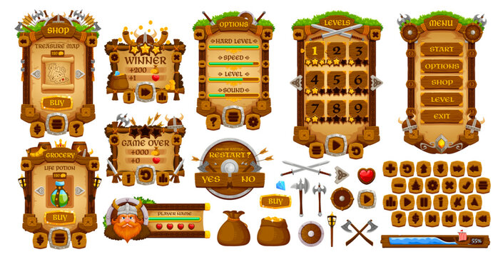 Vikings game interface asset. Vintage medieval GUI elements and buttons, vector UI. Cartoon viking weapon, helmets, shields and swords wood sign board frames, game interface menu panels, war ship bars