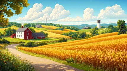 Sunny Rural Landscape with Golden Wheat Fields