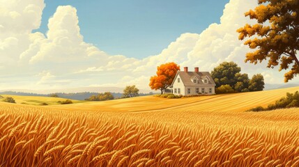 Farmhouse in a Golden Wheat Field under a Sunny Sky