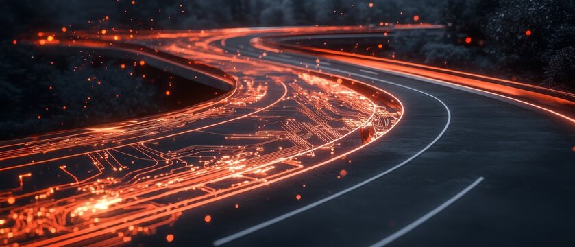 Winding road with glowing circuit board overlays - Powered by Adobe