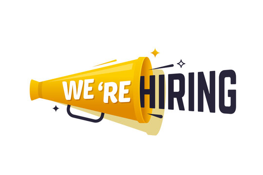 We are hiring icon, job offer, recruit, join our team vector emblem. Hr recruiting advertisement, Vacant place alert campaign with megaphone. Work opportunity and human resources research message