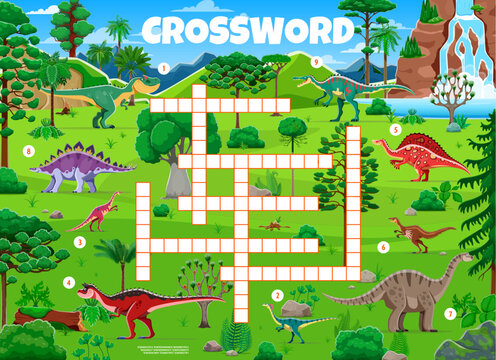 Crossword quiz game grid with prehistoric dinosaurs characters in jungle forest landscape. Vector educational riddle with dino animals. Cross word for learning and interactive activities at children