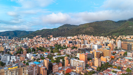 Aerial View of Bogotá, Colombia with Urban Landscape and Surrounding Mountains