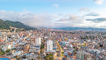 Aerial View of Bogota, Colombia with Urban Landscape and Mountains in Background