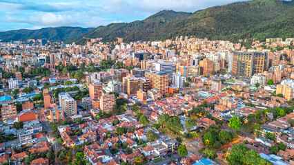 Aerial View of Urban Landscape in Bogotá, Cundinamarca, Colombia with Mountain Background