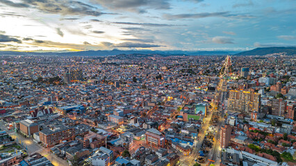 Breathtaking Aerial View of Bogotá at Dusk Showing Urban Landscape and Vibrant City Life, Colombia