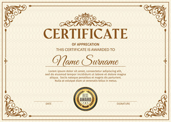 Diploma certificate with vintage gold frame border and guilloche background. Vector classic, elegant document template with golden ornate flourishes. Formal award, accomplishment, recognition diploma