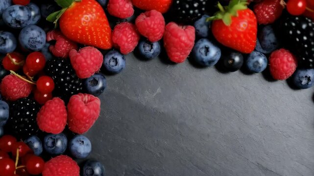 Assorted fresh berries including strawberries, blueberries, raspberries, and blackberries arranged on a gray stone slab forming a border for text or graphics.