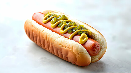 Hot Dog With Mustard And Relish On Light Background
