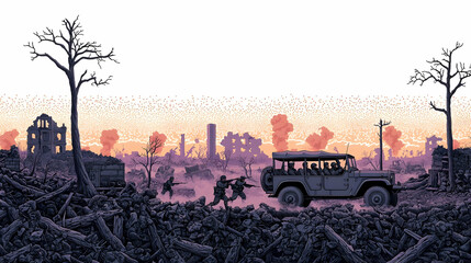 War Scene Pixelated Illustration Sunset Ruins City