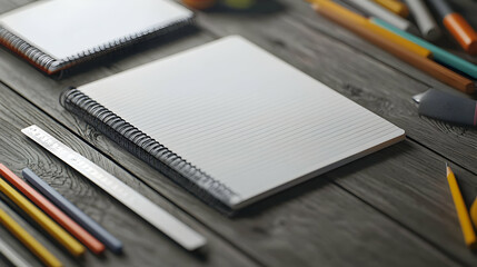 Spiral Bound Notebook With Stationery On Wooden Table