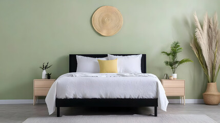 Modern Minimalist Bedroom With Soft Green Walls