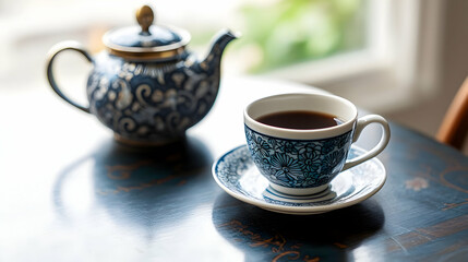 Elegant Blue And White Porcelain Coffee Cup And Teapot On Dark Table