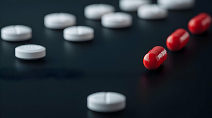 Close Up View Of Red And White Pills On Dark Background