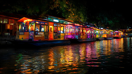 Colorful Floating Shops Along Canal at Night
