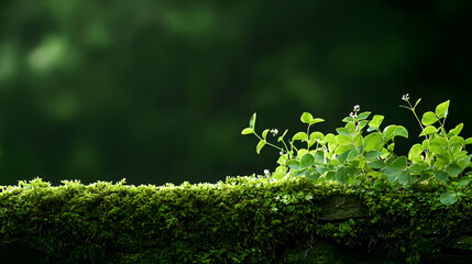 Green Plants Growing On Mossy Stone Wall