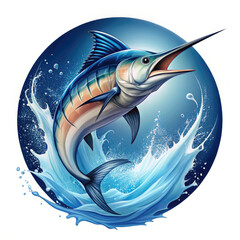Jumping marlin fish logo in blue water hi quality image.