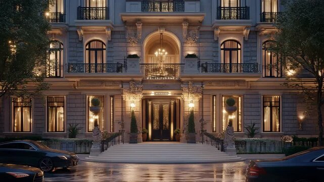 A large, elegant building with a grand entrance. The building is lit up at night, creating a warm and inviting atmosphere. The entrance features a black door with a balcony