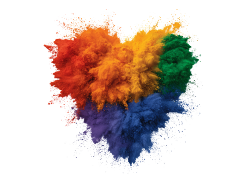 Vibrant rainbow color powder explosion heart shape, On Transparent Background, Png