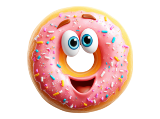 Happy pink donut with sprinkles cartoon character, On Transparent Background, Png
