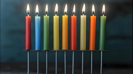 Colorful Menorah Candles On Metal Stand