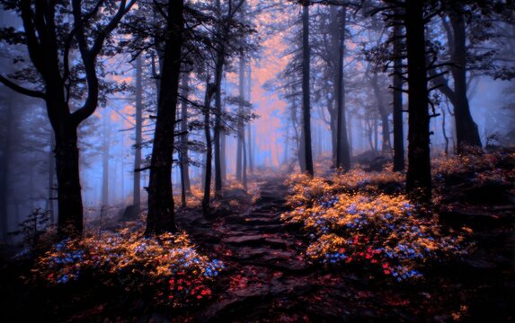 Misty forest path