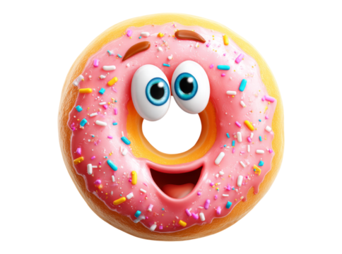 Happy pink donut with sprinkles cartoon character, On Transparent Background, Png