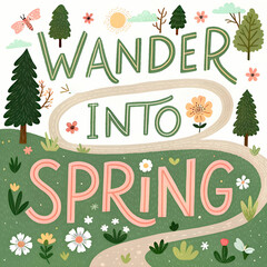 Wander Into Spring – Hand Drawn Spring Typography Illustration with Nature and Flowers

